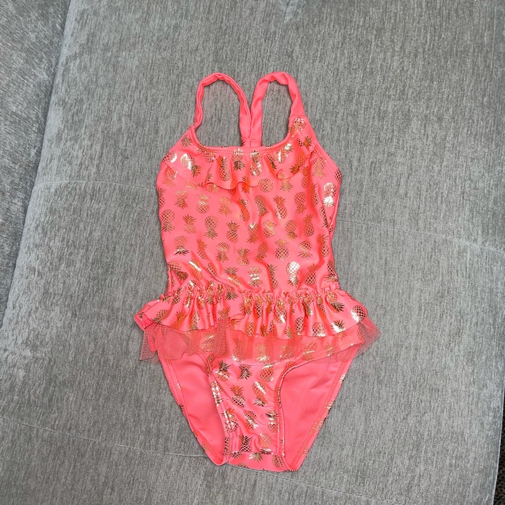 24 mth bathing suit. Hot pink w/ gold pineapples